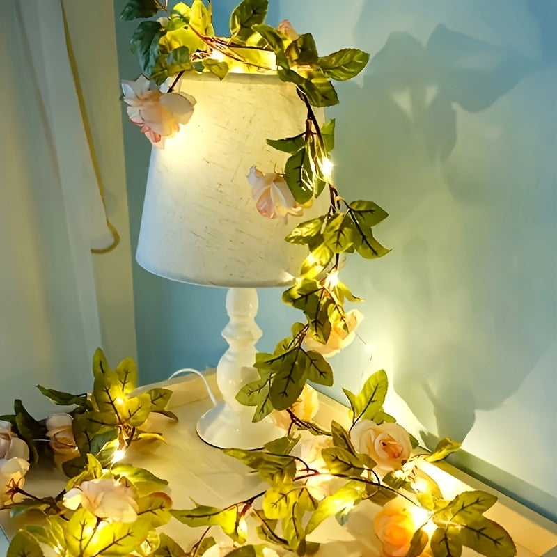 20 LED Champagne Rose Garland String Lights, 2m Floral Vine with Switch Control, Battery Powered, Plastic, Christmas Decorative Flower Theme, No Battery Included