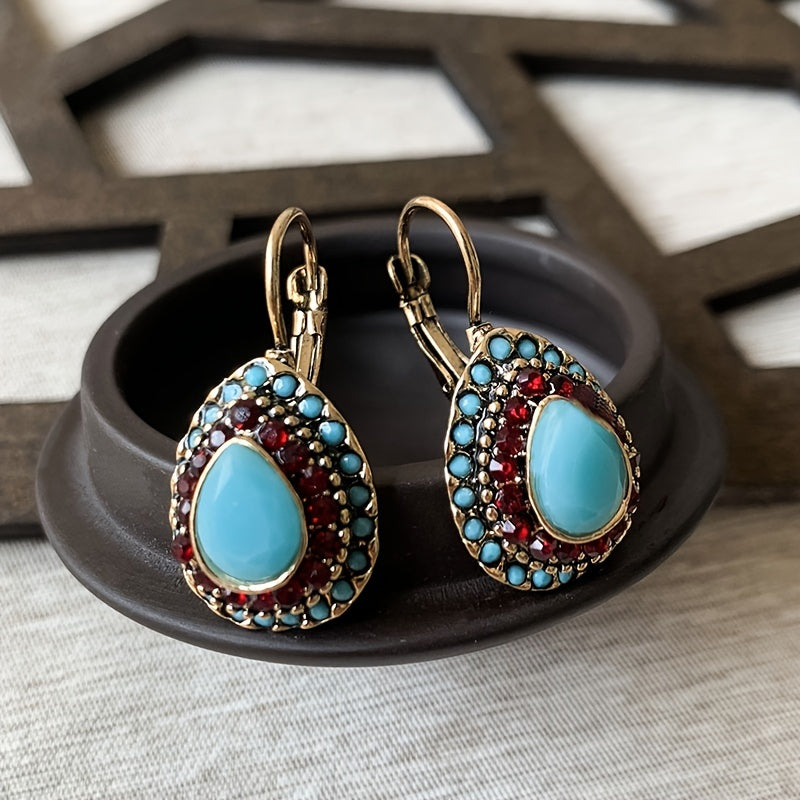 Classic Teardrop Resin Earrings for Women, Vintage Artificial Turquoise Rhinestone Hook Earrings, Gift for Loved Ones and Friends, Birthday Party Gift