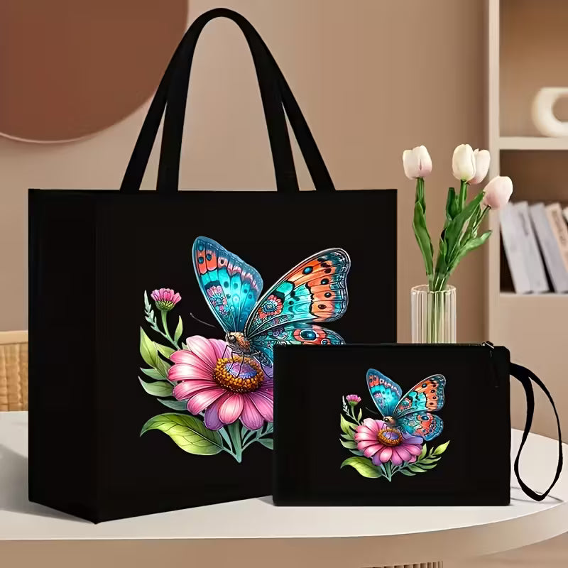 2pcs Floral and Butterfly Print Tote Bag Set with Matching Wallet