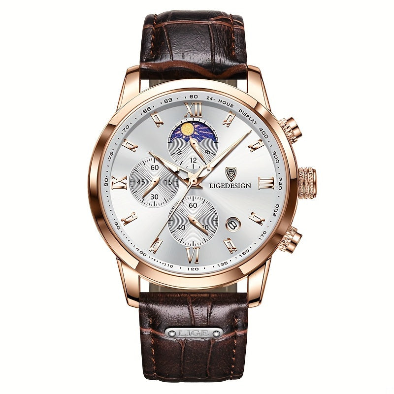LIGE Men'S Quartz Watch | Vintage Style | Multi-Functional Chronograph | 30m | Calendar & Moon Phase | High-Quality Strap | Zinc Alloy Case, Electronic Drive | Non-rechargeable Button Battery | Luxury Business Watch, Business