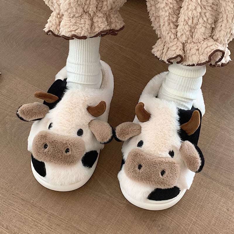 Cute Milk Cow Slippers | Women and Men Fuzzy Slippers, 2022 Winter Plush Platform Slides, Indoor Kawaii Shoes, Cartoon Style, Fabric Upper and Insole, TPU Sole