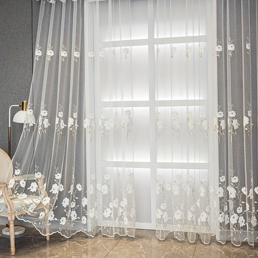 2pcs of Countryside Embroidered Flower Pattern, Uv-Resistant Transparent Curtains, Suitable for Home Decoration in Living Rooms, Bedrooms, Dining Rooms, Offices, Balconies, Etc.