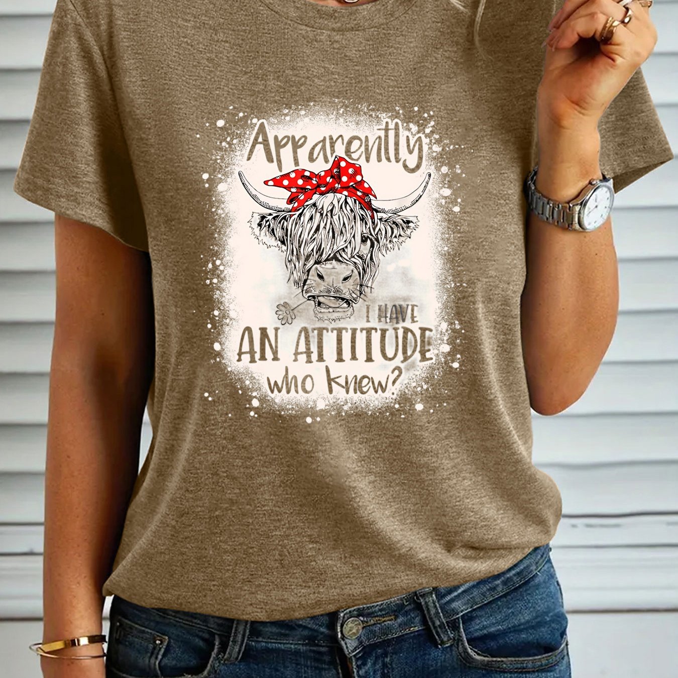 Women's Fashion T-shirt, "Apparently I Have An Attitude Who Knew" Highland Cow Pattern Casual Short Sleeve Top