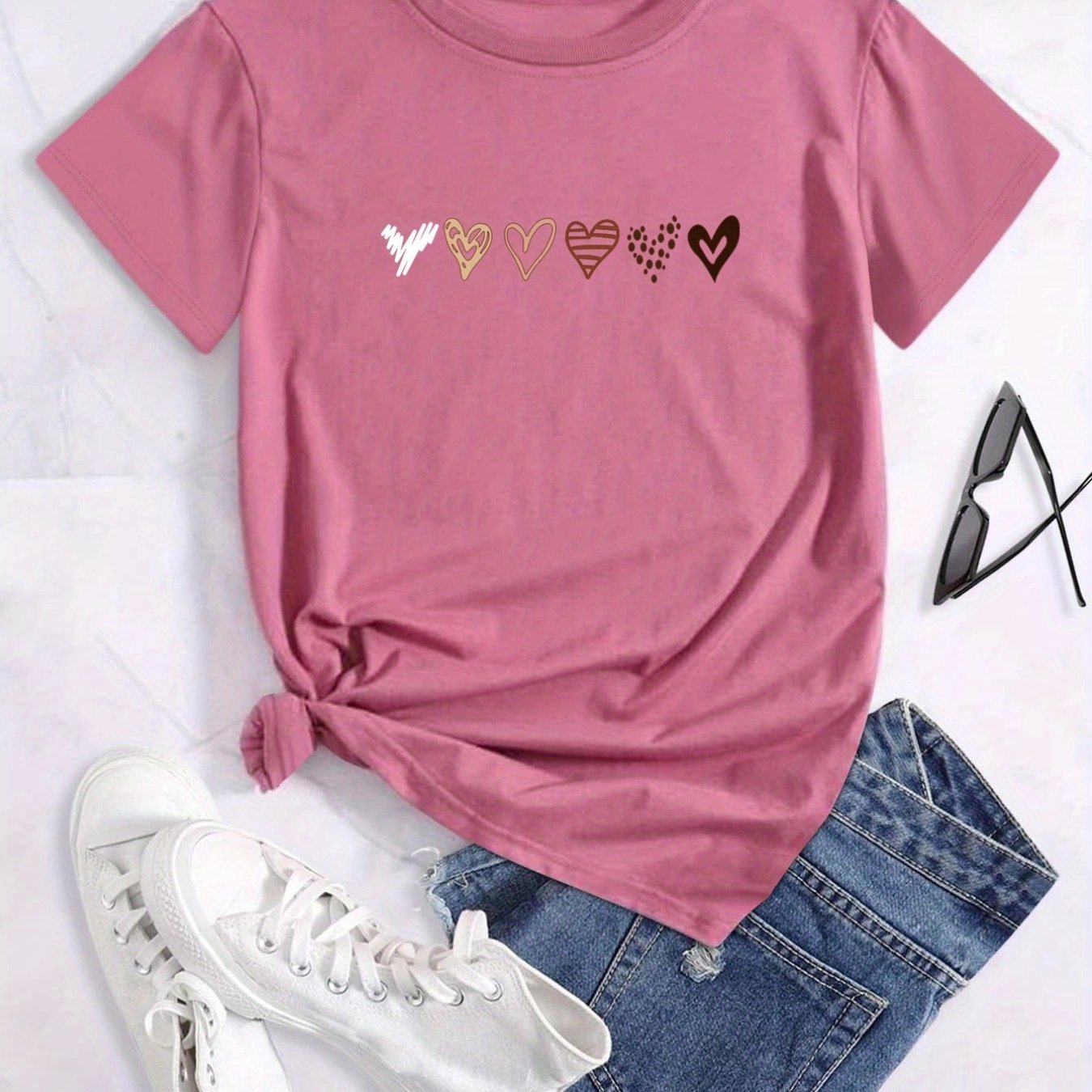 Chic Heart Motif Womens T-Shirt - Soft, Breathable Fabric - Perfect for Spring & Summer Leisurewear