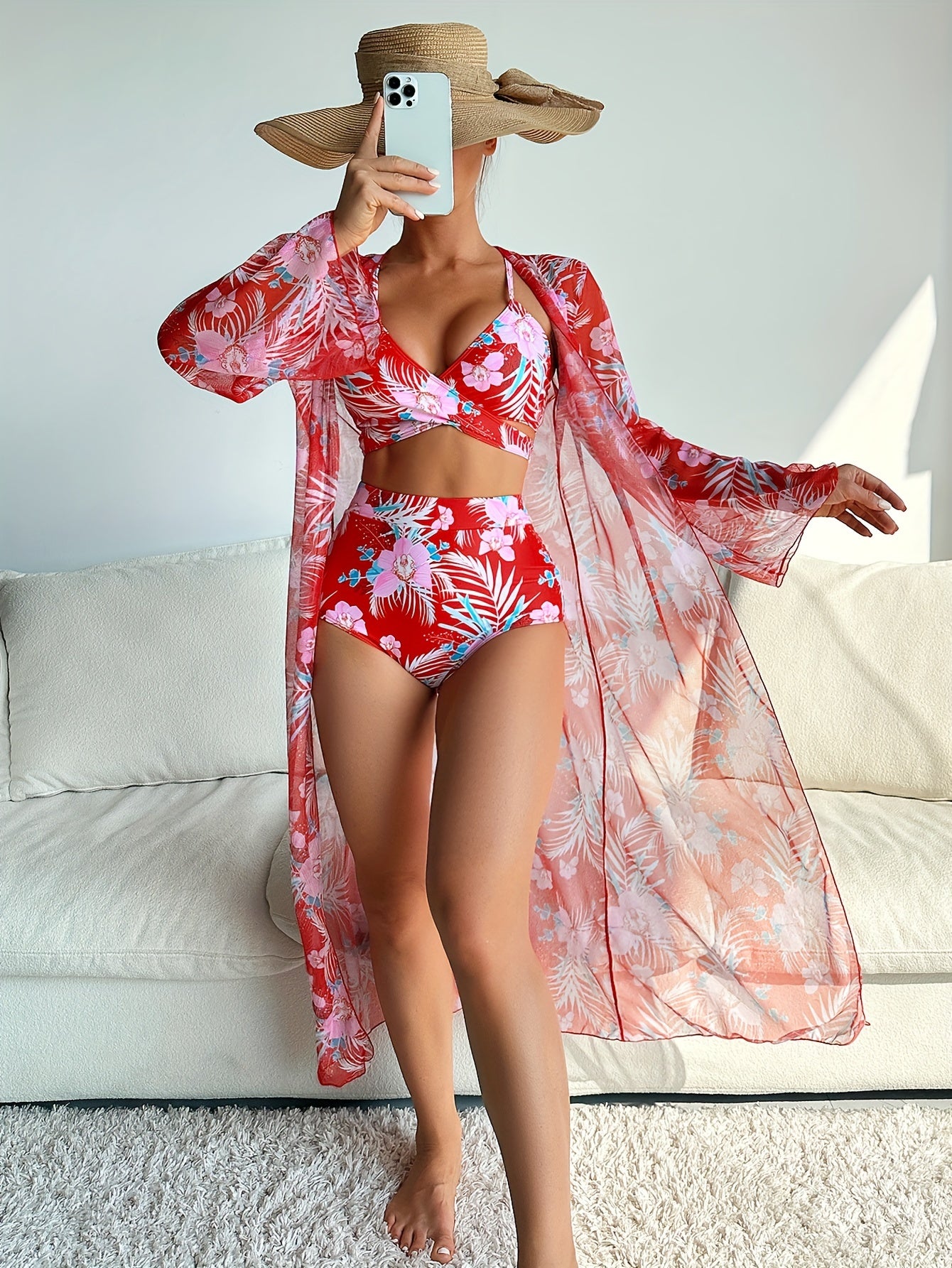 3 Piece Set Stretchy Floral Print Long Sleeve V Neck Tie Back Swimsuits - High Stretch Polyester Bikini Set with Kimono Cover Up - Perfect for Swimming and Beach Activities