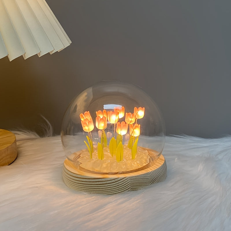 1pc Tulips Gifts For Women Flower Gifts For Her Gifts For Women Birthday Xmas Gift For Mom, Artificial Decor In Glass Dome With Led Light Night Light, Women Gifts For Her, Mom, Christmas Gift