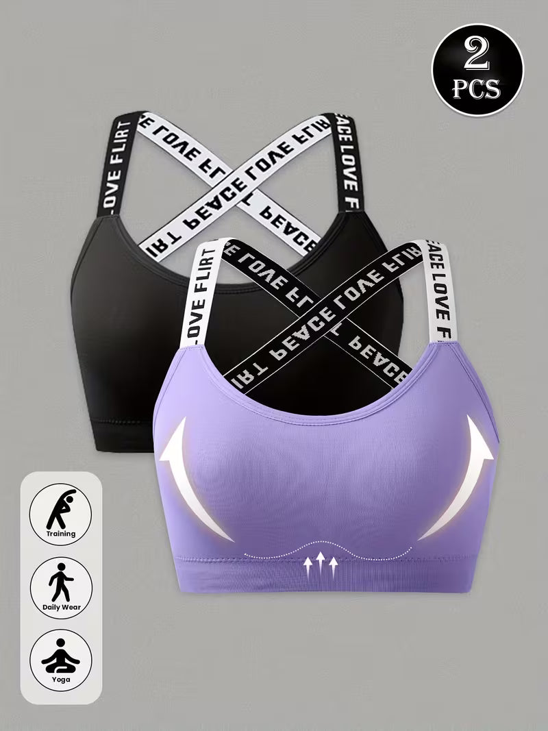 2pcs Women's Letter Print Strapless Backless Sexy Sports Bras