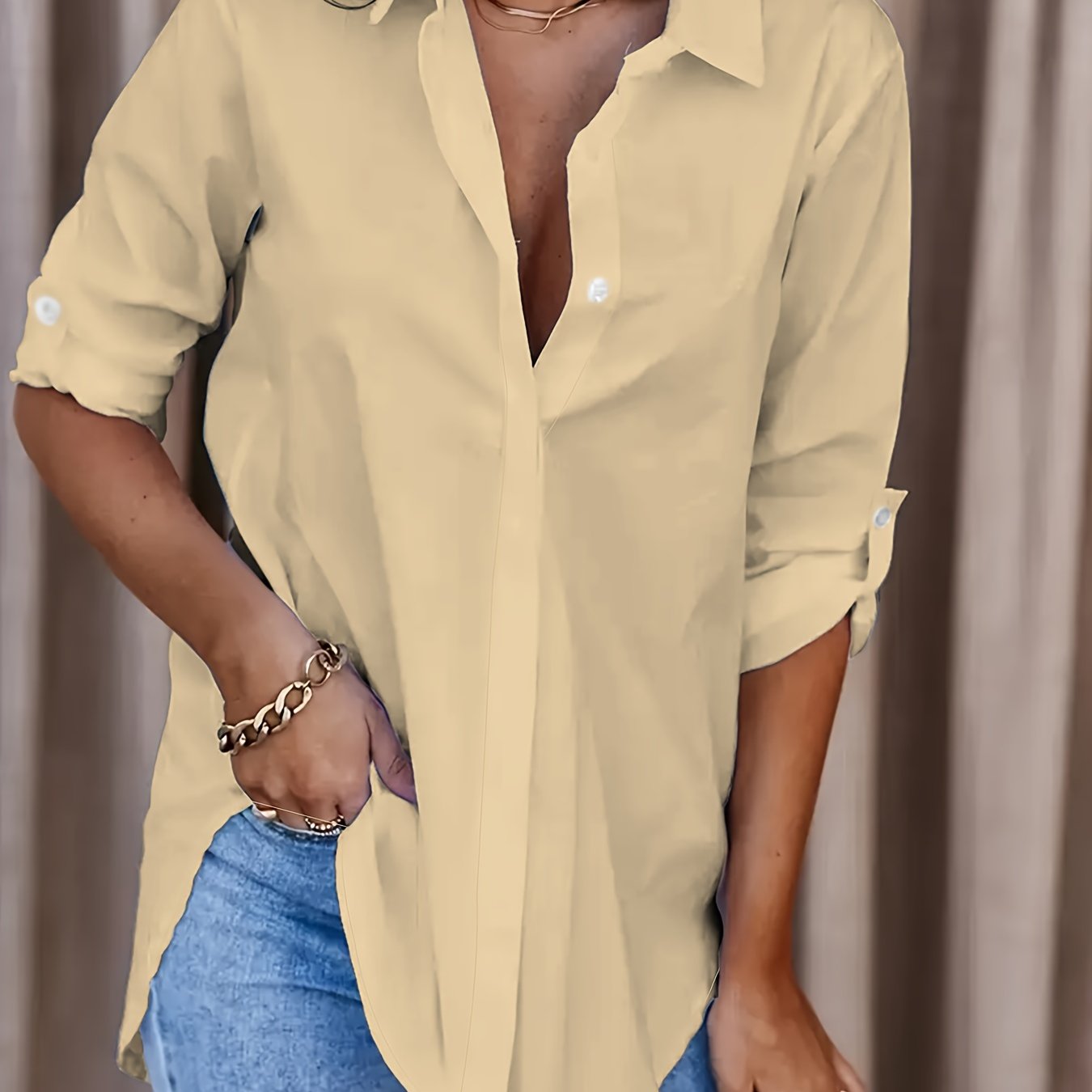 Solid Button Front Shirt, Casual Turn Down Collar Office Work Shirt, Women's Clothing