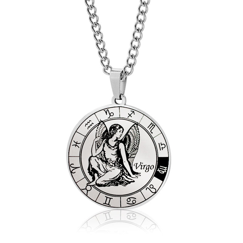 Stainless Steel Star Zodiac Necklace 12 Constellation Coin Pendant Necklace For Men Jewelry Gift For Birthday Anniversary