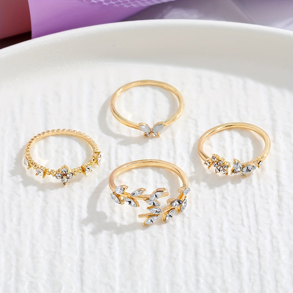 4pcs Stylish Stacking Rings Sparkling Leaf/ Butterfly/ Flower Design Inlaid Gemstone Match Daily Outfits Party Accessories
