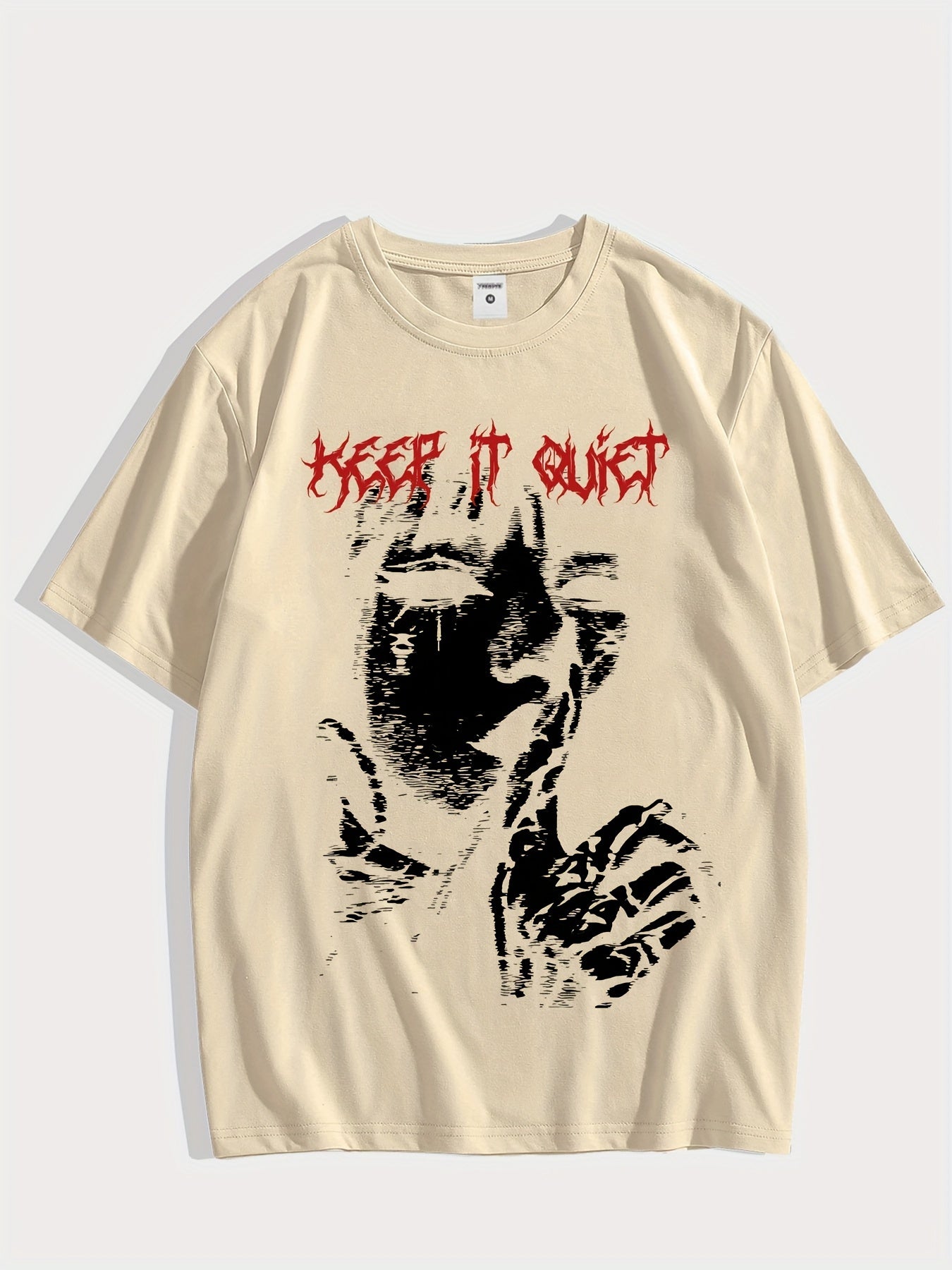 Men'S Keep it Quiet Gothic Character Graphic Tee - Casual Polyester Short Sleeve T-Shirt with Bold Red Lettering, Crew Neck, Spring/Autumn Streetwear