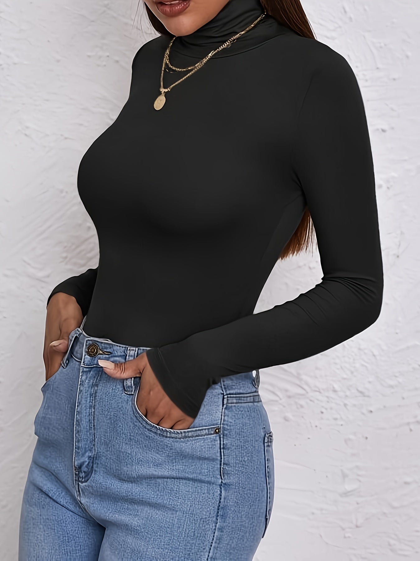 Women'S High-Neck Long Sleeve Crop Top - Stretchy Black Polyester Blend, Casual Chic Fit with Button Detail, Perfect for Fall/Winter, Casual Chic Top|Minimalist Style|Polyester Blend