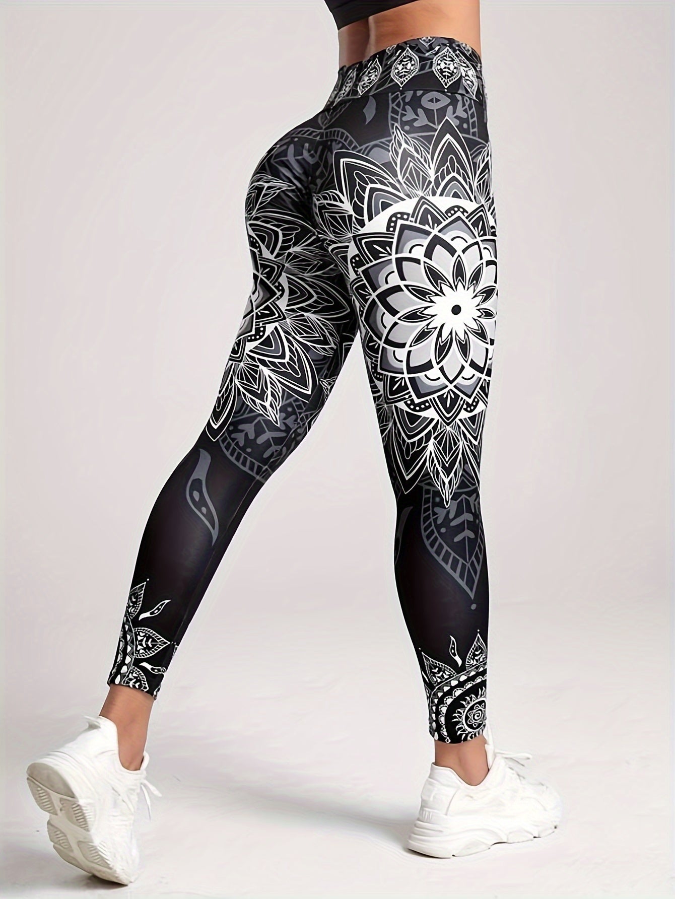 Flower Print High Waist Yoga Pants, High Stretch Running Fitness Workout Leggings, Women's Activewear