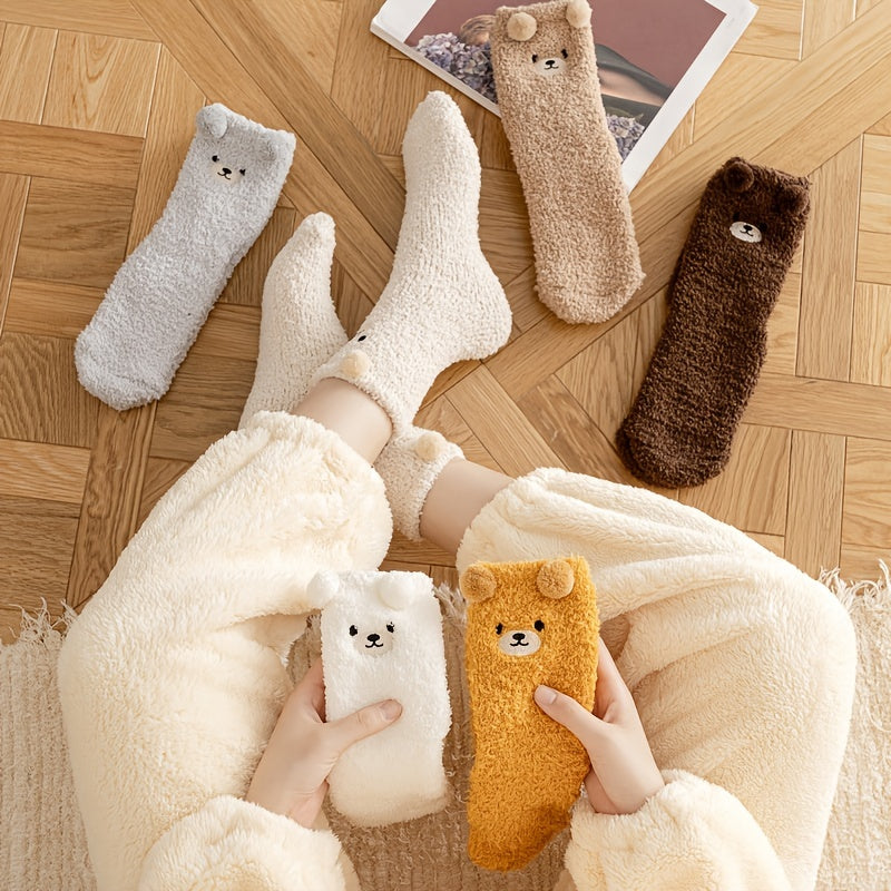 1 Pair Women'S Cute Non-Shedding Coral Fleece Warm Socks | Autumn-Winter Collection, Solid Color, Fabric