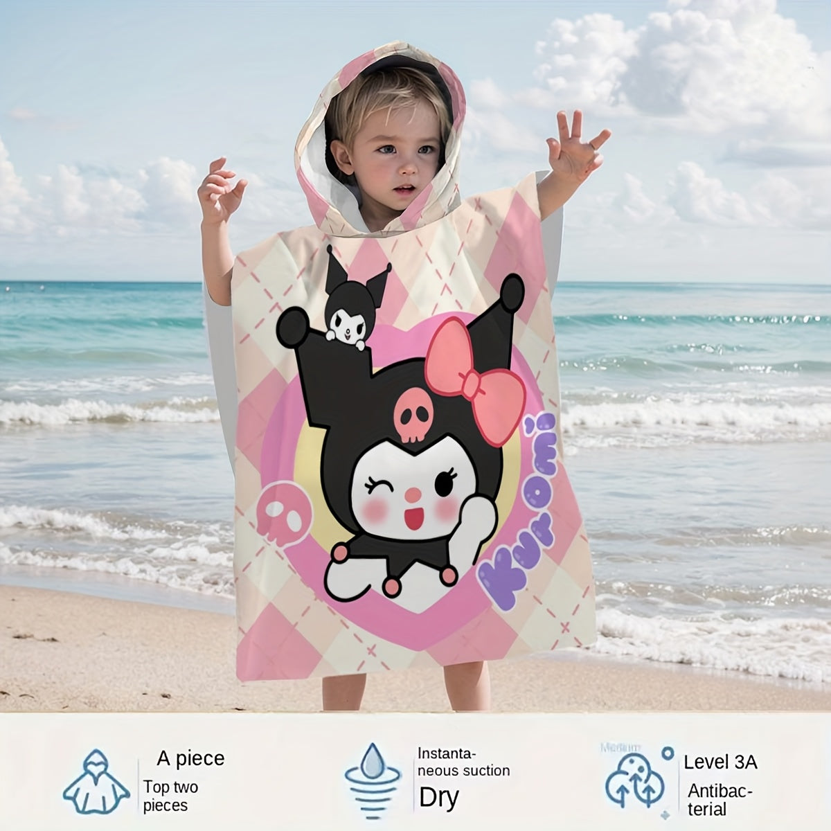 1pc Sanrio Kuromi Adult & Kids Wearable Beach Towel with Hood - Quick-Dry Microfiber Bathrobe, Cute Kuromi Character Swim Wrap, Machine Washable for Pool, Bath, Travel - Ideal for & Adults