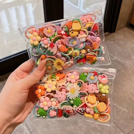 [60pcs Hair Ties] 60pcs Hair Ties, Cartoon Animals Flowers Fruits Decor Hair Bands | Baby Girls Decorative Hair Accessories Set Holiday Gift