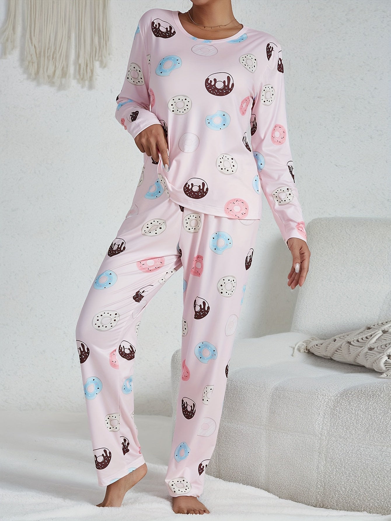 Comfy Women's Pajama Set with Sweet Cartoon Donut Design - Long Sleeve Round Neck Top & Elastic Waistband Pants, Cozy Sleepwear for Valentine's Day