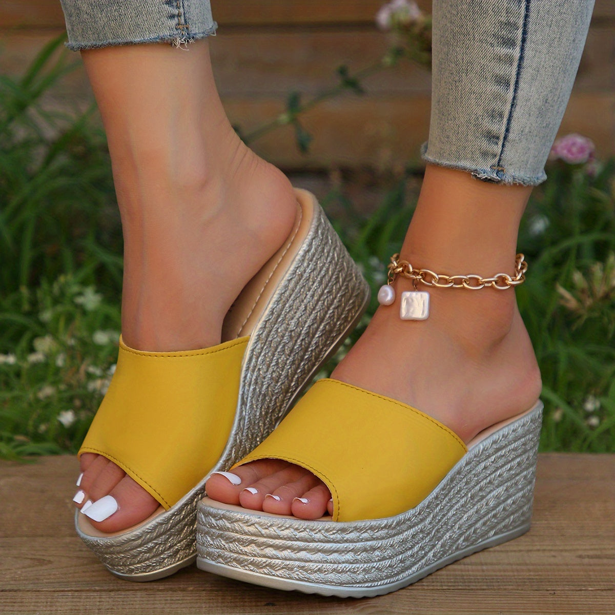Women's Platform Wedge Slippers, Open Toe Solid Color Non-slip Slides Shoes, Casual Outdoor Slides