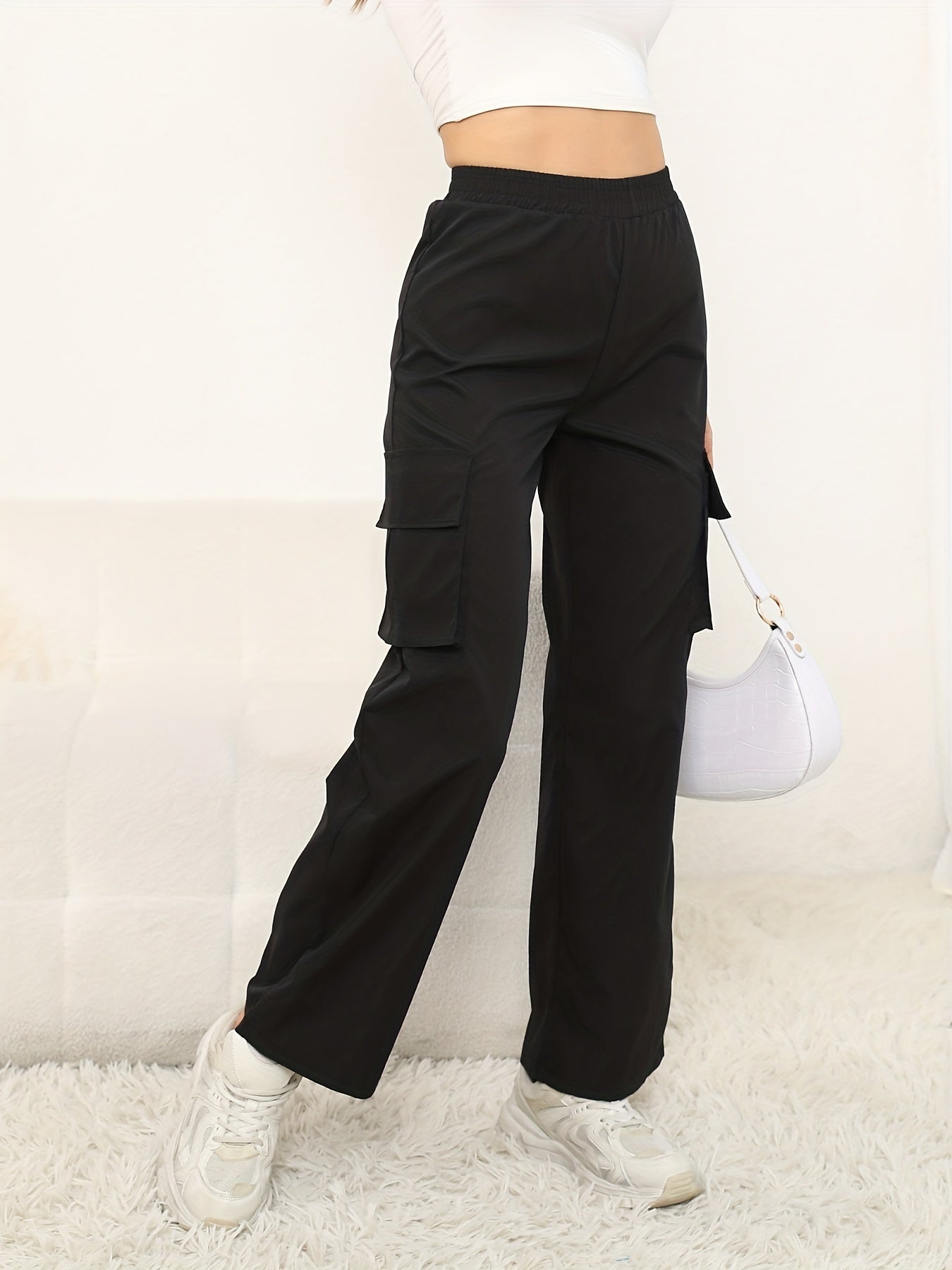 Solid Color Flap Pockets Straight Legs Trouser, High Waist Casual Wide Legs Cargo Pants, Women's Sweatpants