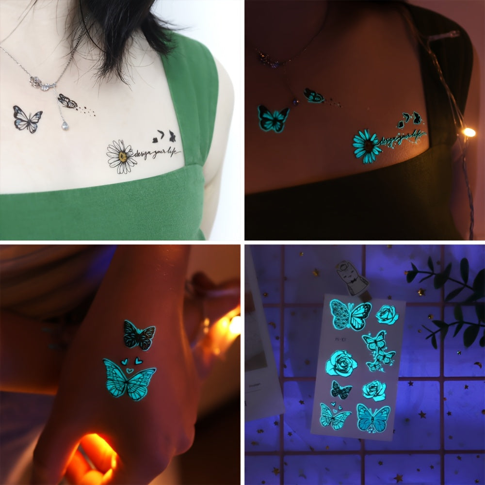 10 Sheets Blue Luminous Butterfly Tattoos, Glow In The Dark Vibrant Blue Butterfly Fairy Flower Rose Pattern Fake Tattoo, Decoration At Nightclub & Music Events, Waterproof & Realistic Lasting 2-5 Days, Butterfly Shoulder Cla