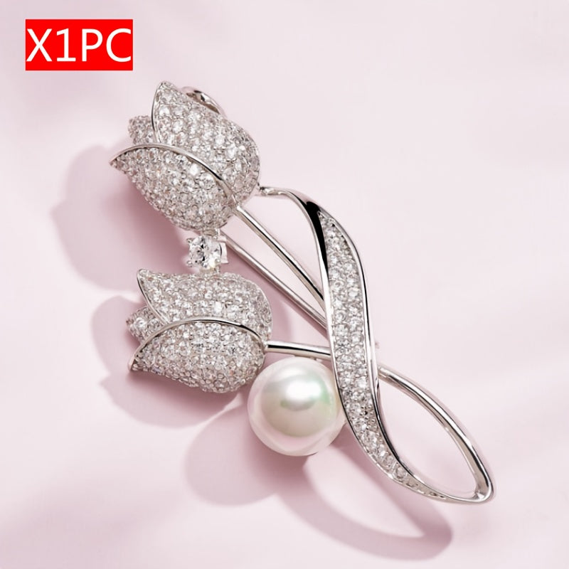 Elegant Tulip Flower Brooch Pin with Sparkling Rhinestones and Pearl Accent, Alloy Fashion Accessory for Women'S Clothing, Perfect for Daily Wear or Banquet Occasion