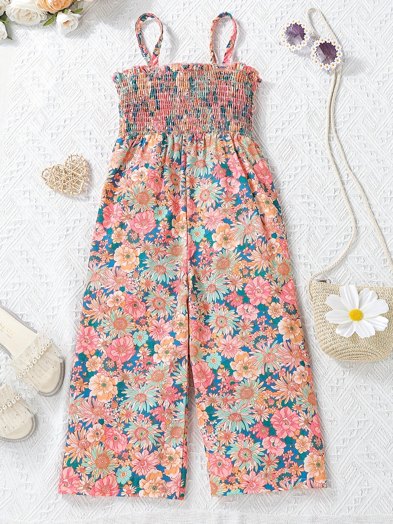 [Boho Flower Jumpsuit] Boho Flower Print Girls Shirred Cami Jumpsuit | For Going Out Party Holiday Kids Summer Clothes