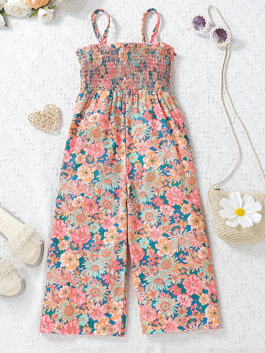 [Boho Flower Jumpsuit] Boho Flower Print Girls Shirred Cami Jumpsuit | For Going Out Party Holiday Kids Summer Clothes