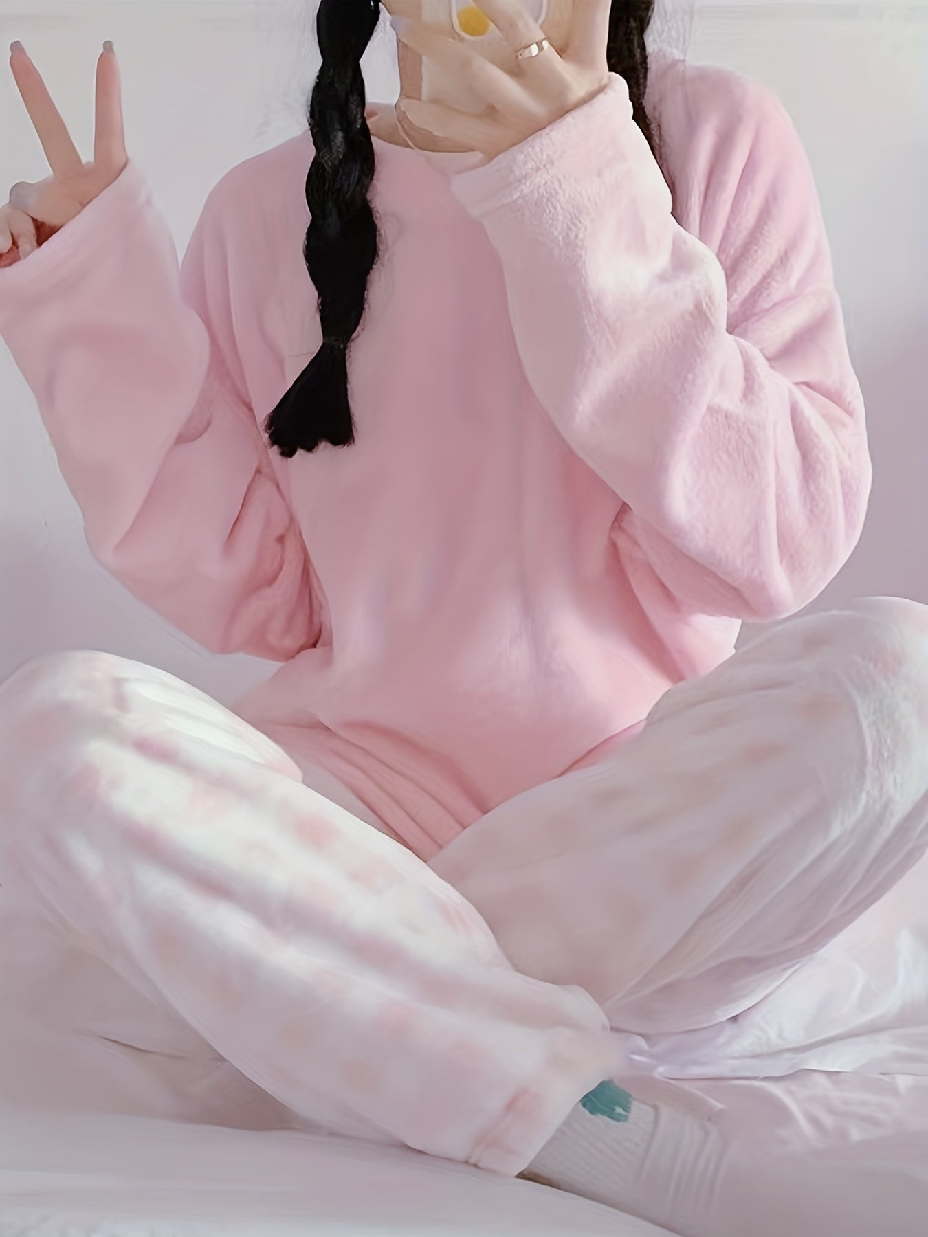 [Velvet Pajama] Winter Warm Velvet Pajama Set | Plaid Pattern Pajama, Solid Color Casual Home Wear Set