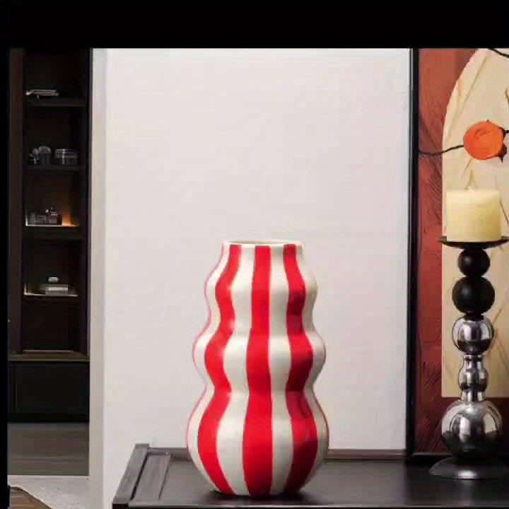 1pc Modern Ceramic Striped Vase – Elegant Cylindrical Design in Blue, Green, Red & White Stripes, Perfect for Hydroponic Plant Arrangements in Living Room, Balcony, or Home Decor, Living Room Accent | Modern Ceramic Vase |