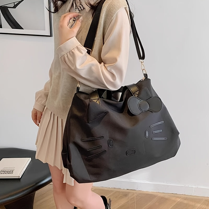 SANRIO Black Nylon Tote Bag with Zipper Closure, Detachable Shoulder Strap, and Cute Character Design for Short Trips, Business Travel, and Daily Use