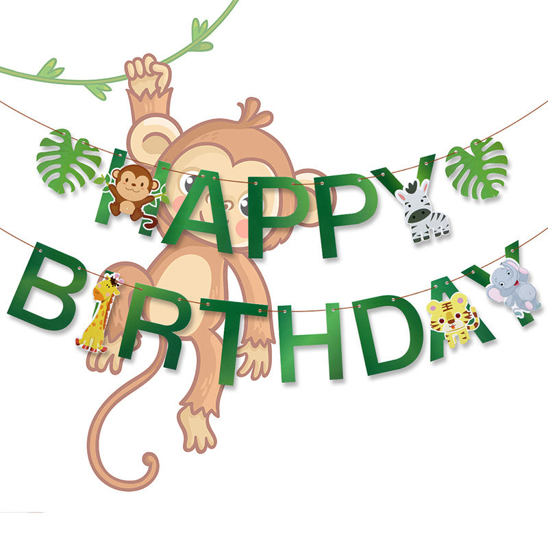 Paper Jungle Animal Happy Birthday Banner, Monkey Giraffe, Woodland, for Birthday Decoration, with Use Without Electricity, for Room, Garden, Entryway