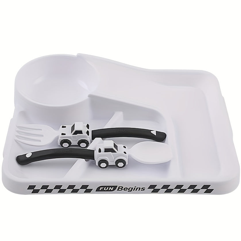 Children's Tableware Cartoon Racing Dinner Plate + Fork Spoon Independent Eating Divided Complementary Food Bowl Baby Suction Cup Non-slip Dinner Plate