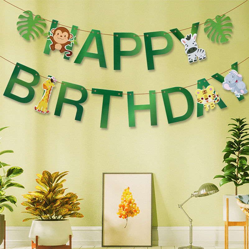 Paper Jungle Animal Happy Birthday Banner, Monkey Giraffe, Woodland, for Birthday Decoration, with Use Without Electricity, for Room, Garden, Entryway