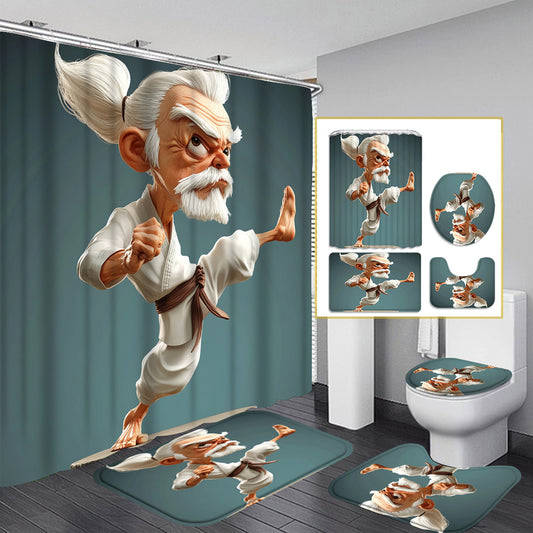 1/4pcs Kung Fu Cartoon Character Printed Shower Curtain Set, Bathroom Decoration Set Includes Waterproof Shower Curtain, Non-Slip Mat, Toilet Lid, Bathroom Mat, And 12 Plastic Hooks, Bathroom Accessories, Home Decor.