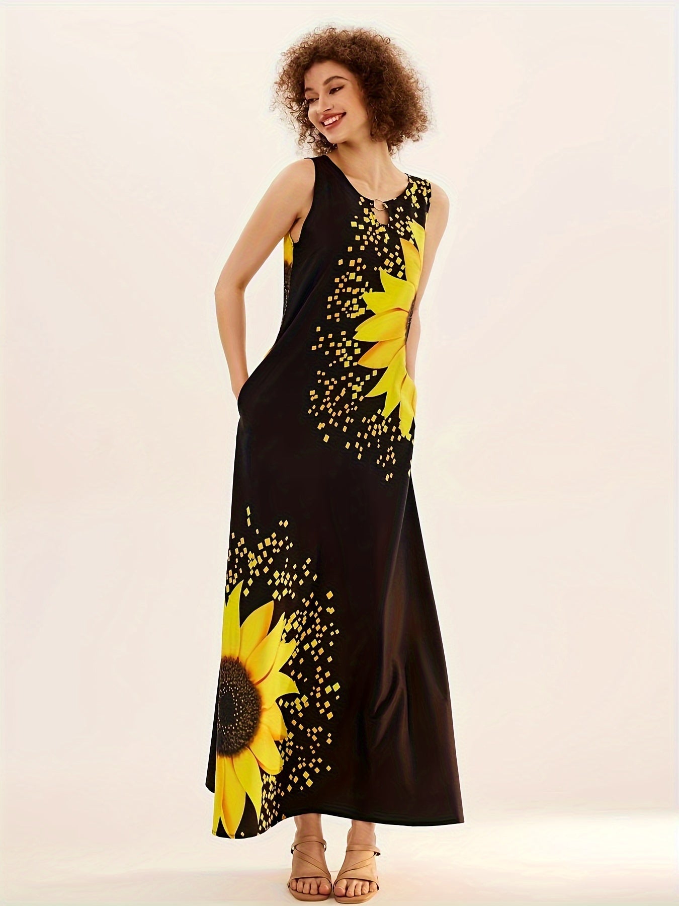 Sunflower Print Keyhole Dress, Casual Crew Neck Sleeveless Maxi Dress With Pocket, Women's Clothing For Elegant Dressing