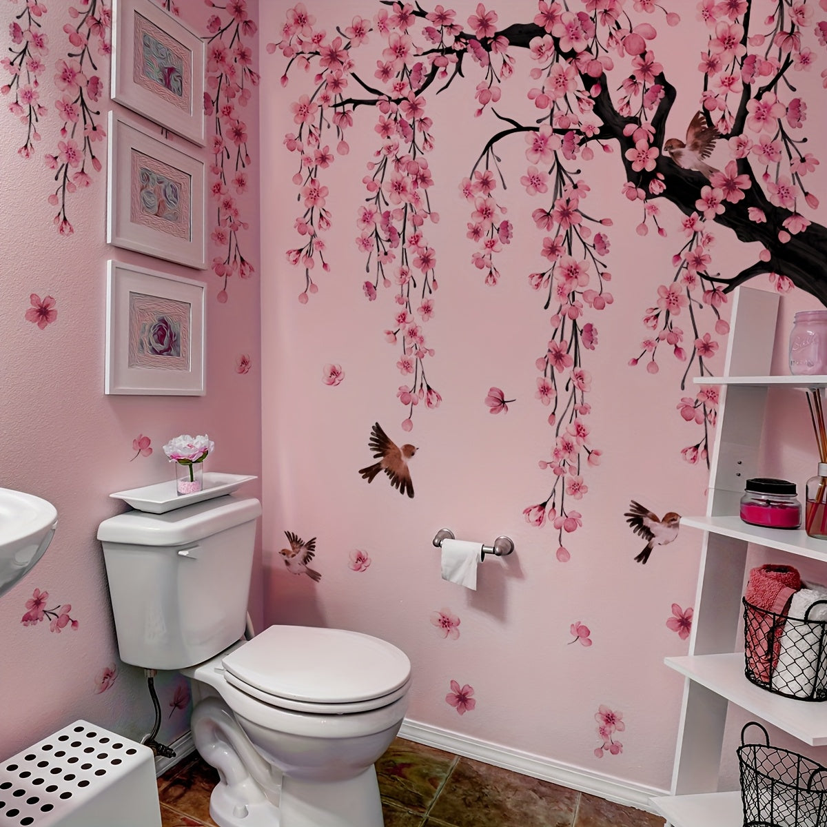 A Set of 4 Creative Pink Peach Blossom Tree Bird Falling Flower Bathtub Stickers for The Living Room, Bedroom, And Bathroom Wall Decor MS7194-YC