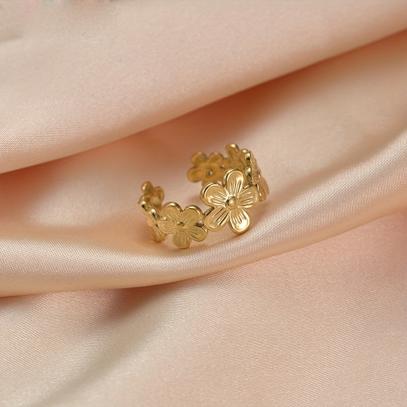 Fashion Stainless Steel Golden Flower Open Ring, Adjustable Rings, Girls Cute Hand Jewelry