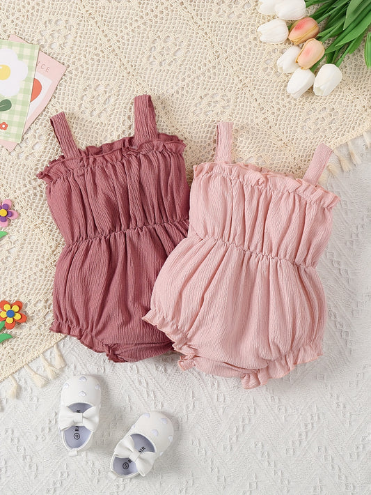 JOPGEEY 2pcs Soft & Stylish Baby Girl Rompers - Solid Color, Bubble Texture with Ruffled Trim, Perfect for Summer Outings, Perfect for Outdoor