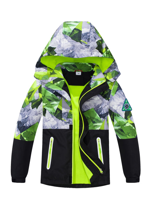 TOP&SKY KIDS Boys Lightweight High Quality Jacket with Removable Hood - Windproof Coat, Full-Zip Closure, Green/Black Camo, Machine Washable Outerwear for & Kids (Spring/Fall) - Ideal for Running, School, Travel, Kids Outdoor