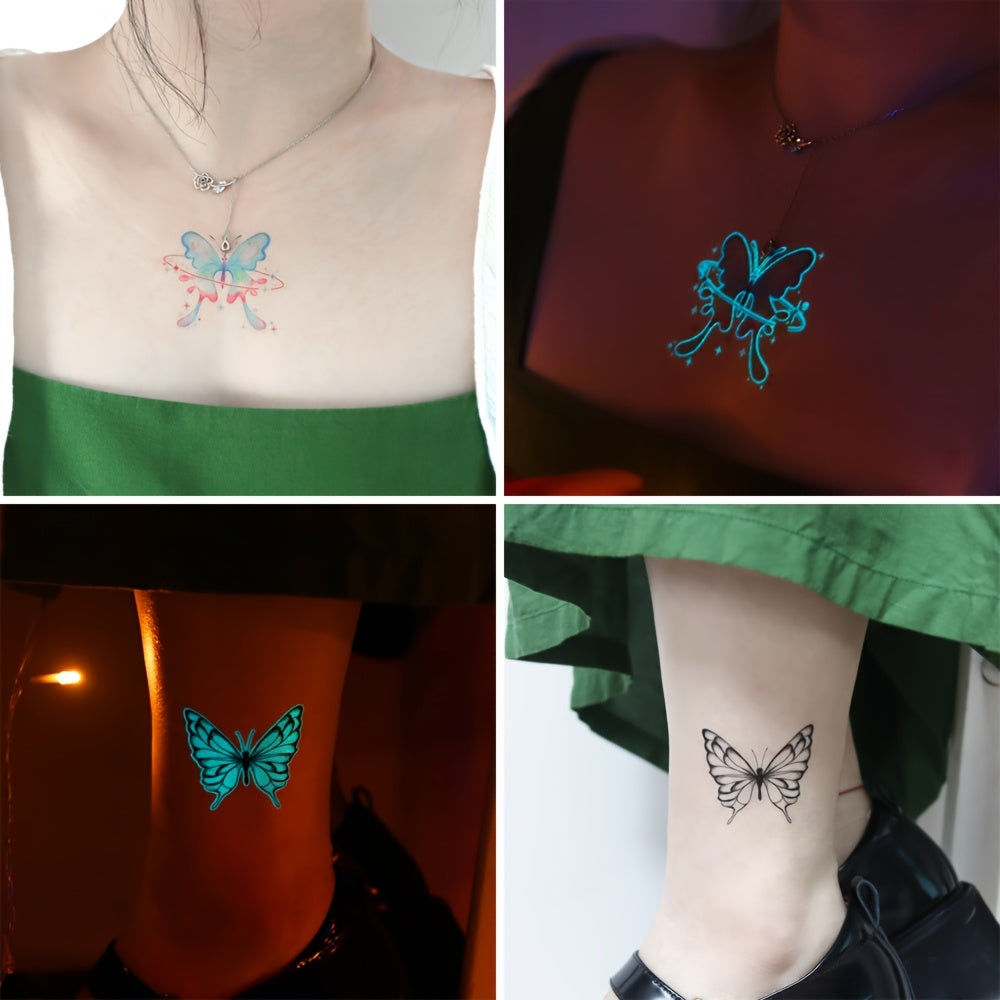 10 Sheets Blue Luminous Butterfly Tattoos, Glow In The Dark Vibrant Blue Butterfly Fairy Flower Rose Pattern Fake Tattoo, Decoration At Nightclub & Music Events, Waterproof & Realistic Lasting 2-5 Days, Butterfly Shoulder Cla