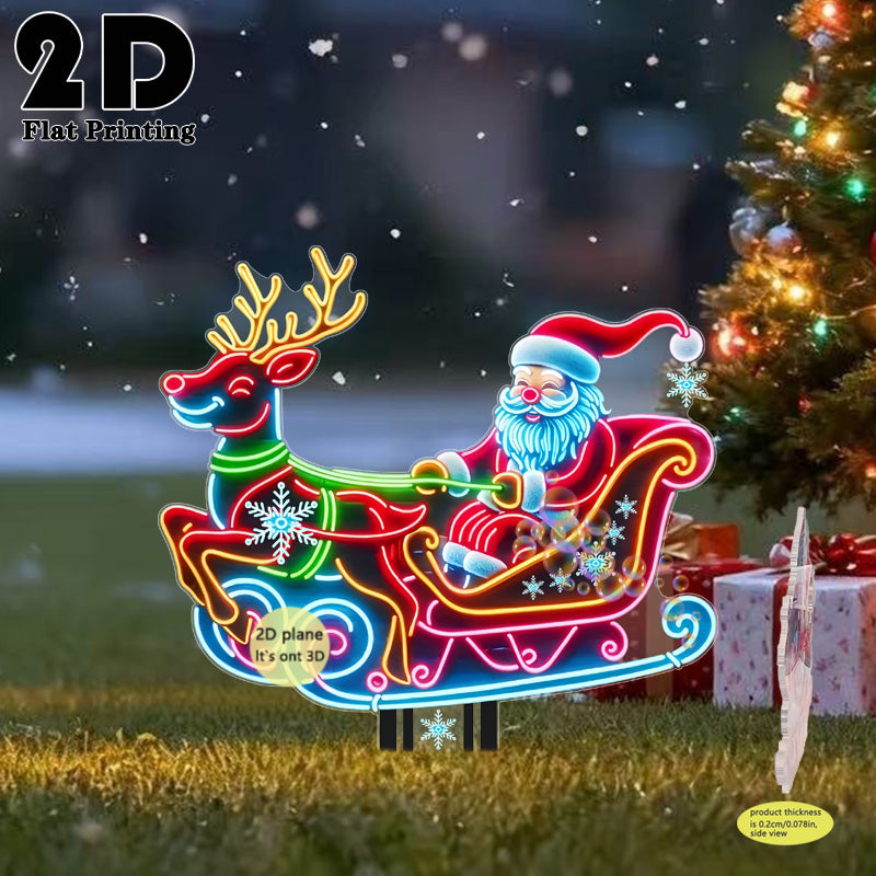 2D Flat, 1pc Neon-Lit Self-Lit Santa & Reindeer Sleigh Garden Stake - Glowing Outdoor/ Christmas Yard Decoration with Plug-Free, Durable Plastic Lawn Sign for Ground, Flower Beds, Parties (Easy Install, Holiday Decor), 2D Fla
