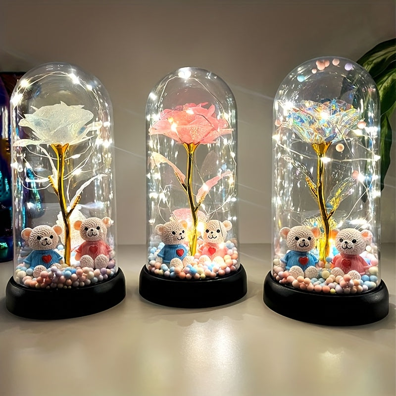 1pc Glow-in-the-Dark Rose Flower Decoration with LED-like Glow - Elegant Tabletop Centerpiece in Clear Dome, Battery-Powered (AAA Not Included) - Perfect Gift for Valentine's, Mother'S Day, Weddings, Birthdays, Christmas - Wo