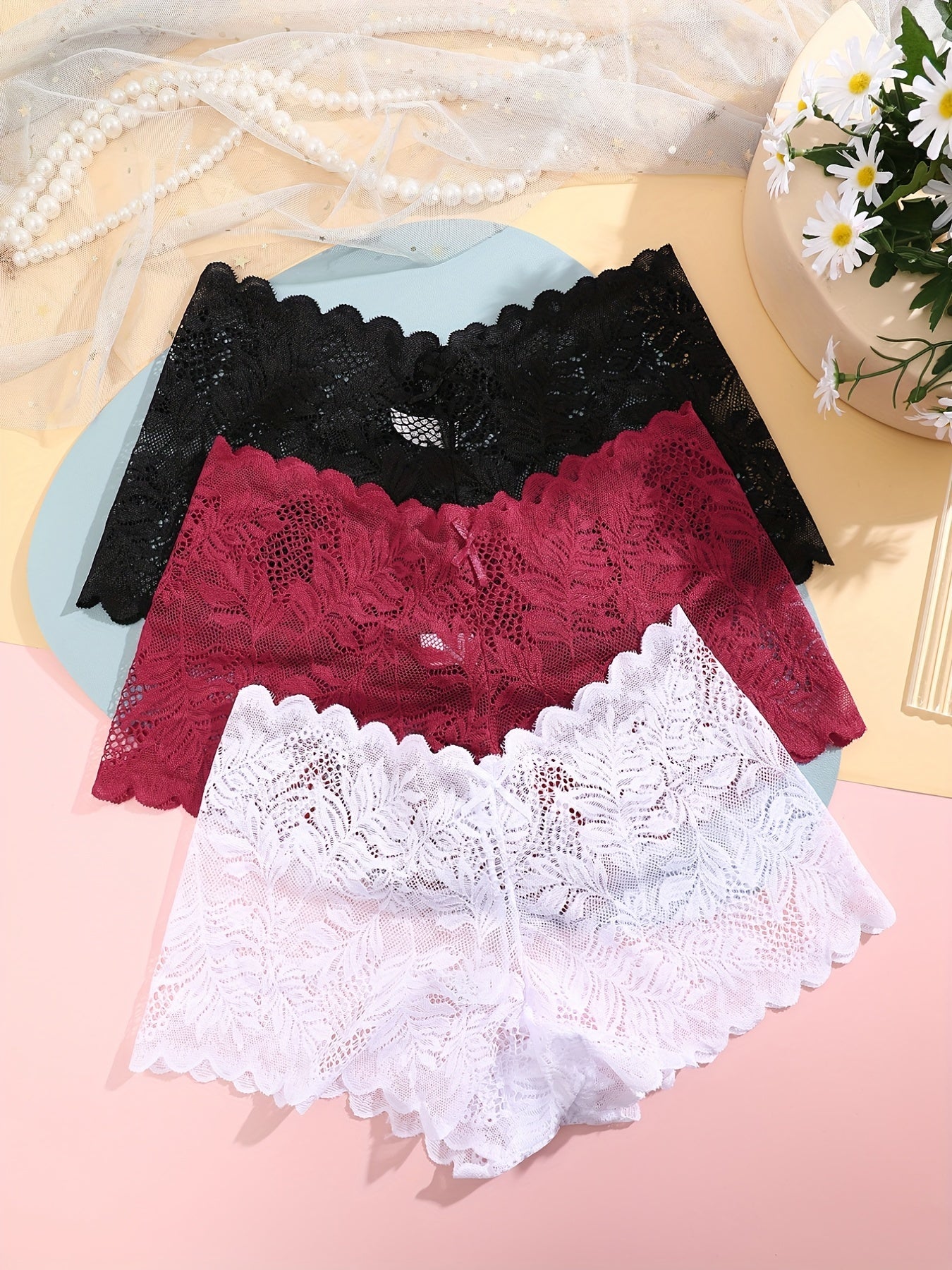 3pcs FINETOO Women's Sexy Low-Rise Lace Boyshort Panties - Breathable, Stretchy Nylon Blend with Floral Pattern, Scalloped Trim in Black, White, & Pinkish-Beige
