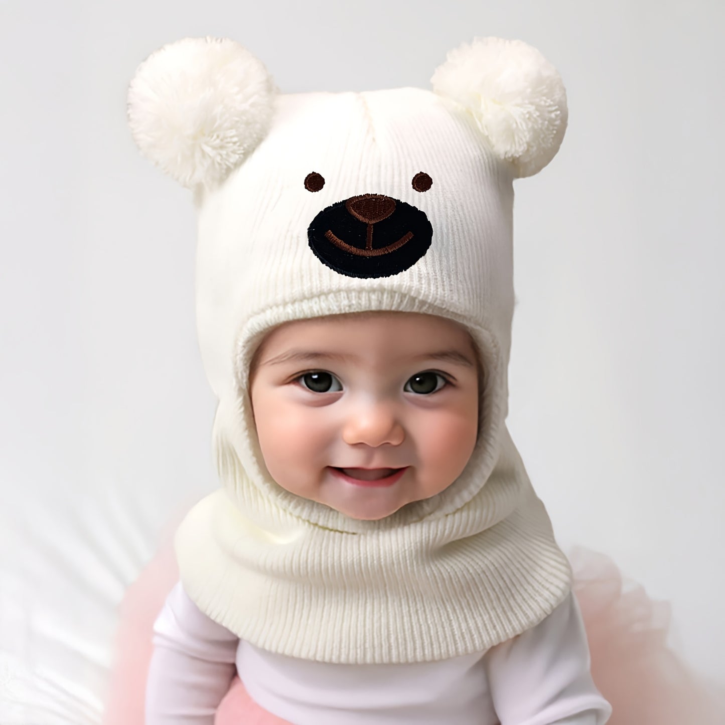 1pc 0-8 Years Baby Bear Ear Balaclava Mask & Beanie Hat - Cute White Winter Ski Mask with Ears, Soft Knit-like Texture for Boys & Girls, Warm Toddler Accessory (Brown/Pink/Black) - Hand Washable Kids Clothing