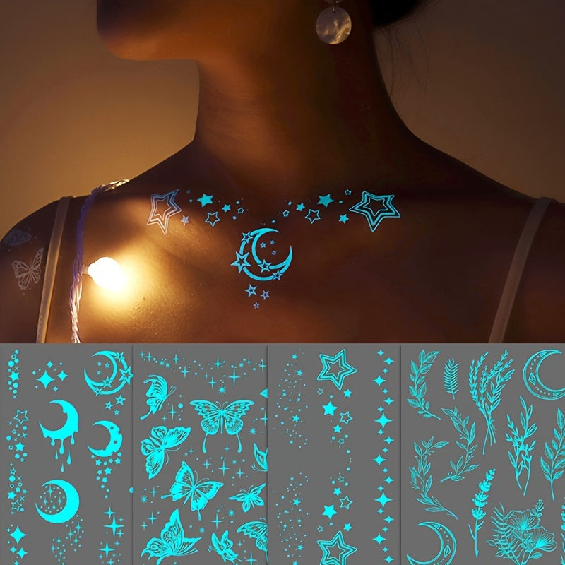 4 Sheets Glow-in-the-Dark Tattoo Stickers - Moon, Stars, Butterfly & Flower Designs for Women & Girls, Luminous Face & Body Art for Weddings, Nightclubs, Music Festivals & Parties, Gift for Eld, Gift for Ramadan