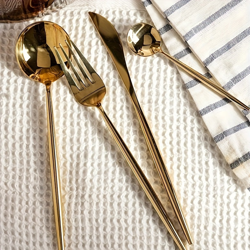 24-Piece Stainless Steel Portuguese Cutlery Set - Golden Western Steak Knife, Fork, and Spoon for Family Restaurant, Dishwasher Safe, Eid Al-Adha Gift - Durable Tabletop Serveware for Food Service Equipment & Supplies
