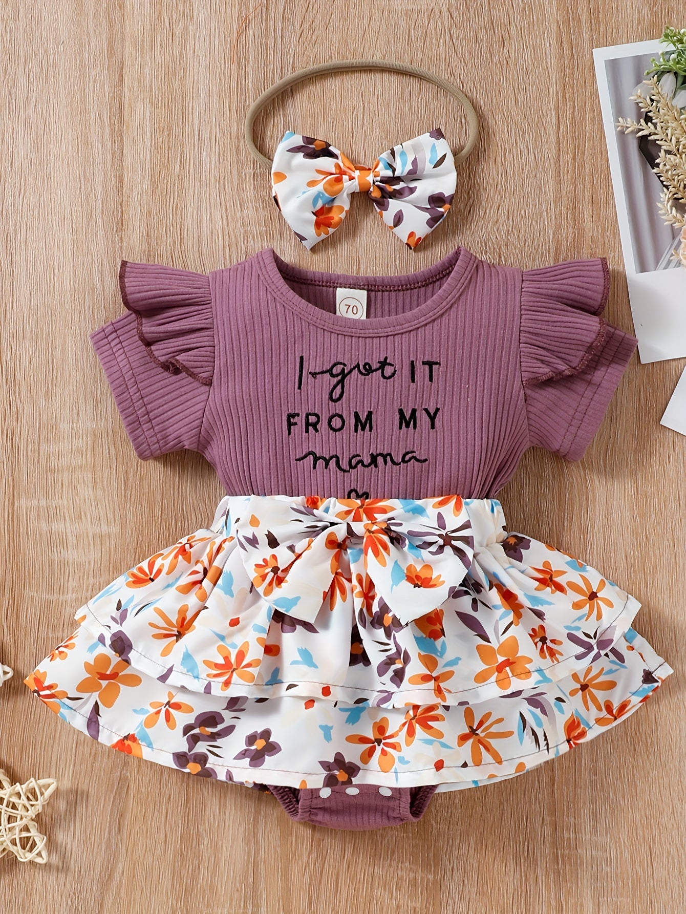Baby Girls Spring Summer New Floral Skirt Swing Short Sleeve Romper Puffer Coat + Bow Headband Set, Suitable For Outdoor Wear