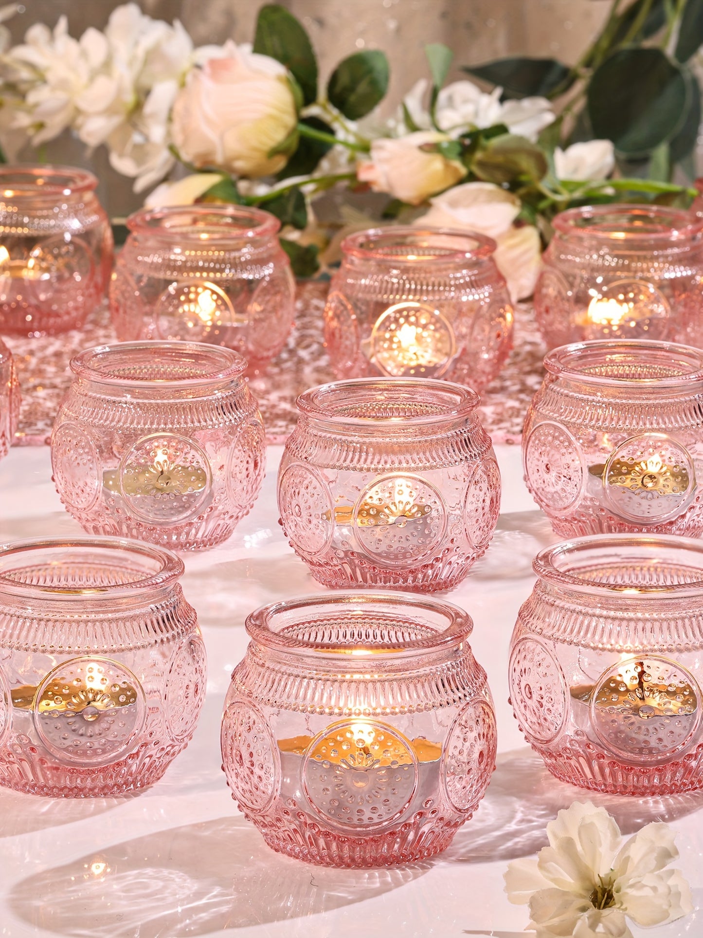 Glass Tea Light Candle Holders, Polished Finish, Flower Theme, Tabletop Mount, Versatile for Wedding, Shower, Party Decoration, Ideal for Christmas, Halloween, Easter, Thanksgiving, Valentine'S Day