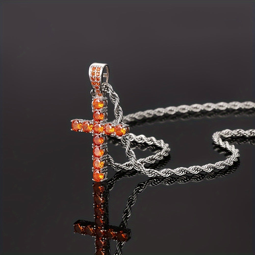 Hip Hop Cross Copper With 4mm Zirconia 14K Golden Plated Pendant Necklace