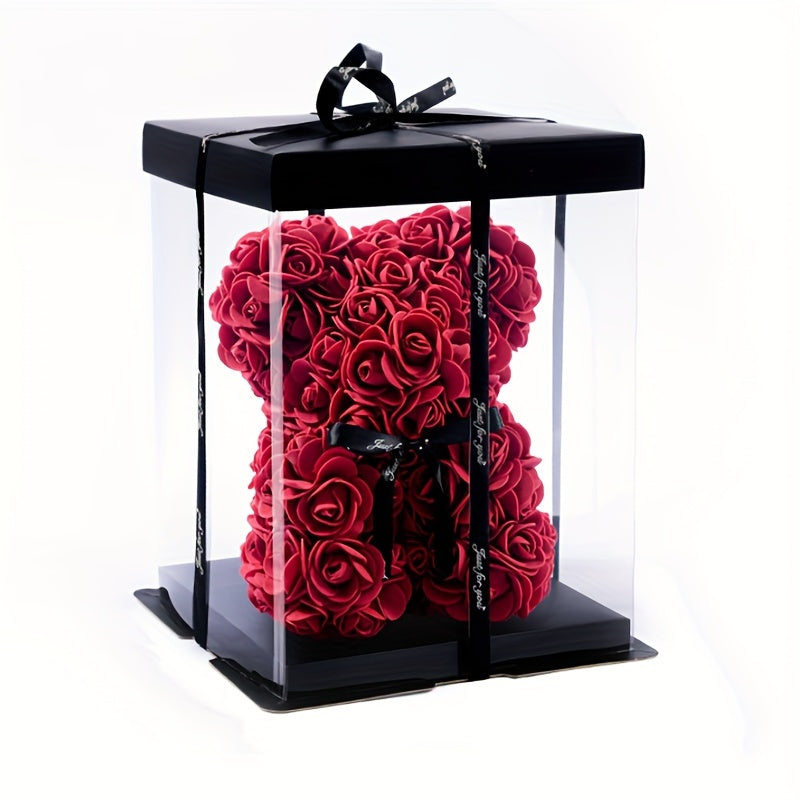 20cm Deluxe Artificial Rose Bear Flower Arrangement - Exquisite Foam Roses in Decorative Container for Romantic Home Decor, Festive Celebrations, and Thoughtful Gift-Giving - Perfect for Valentine's Day, Mother's Day, Anniver